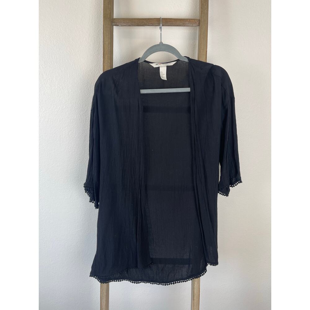 H&M Loves Coachella Collab Flowy Black Kimono Duster Cardigan Pompom Women Small